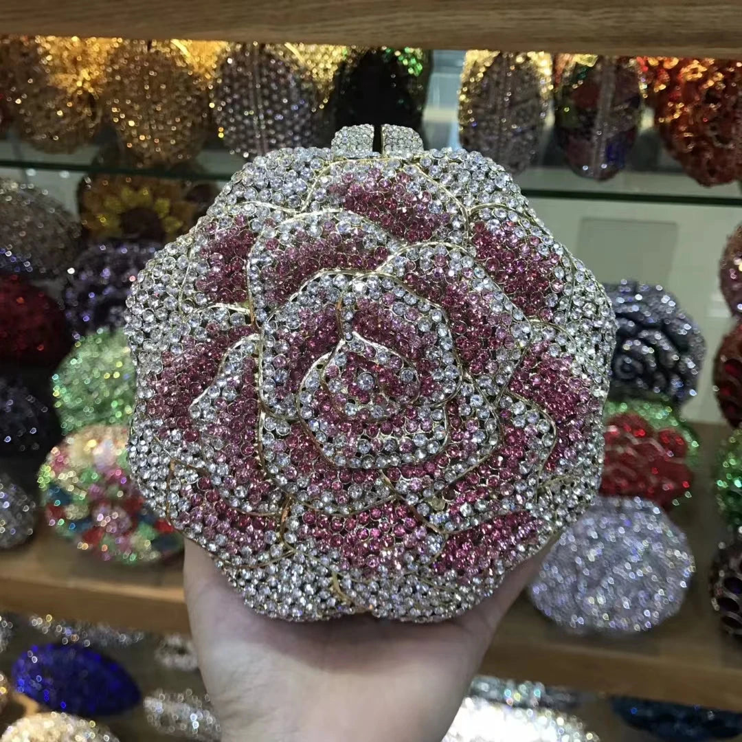 Blue Pink Red Silver Diamond Dinner Handbags Woman Flower Crystal Banquet Gala Evening Bags Wedding Party Floral Birthday Purses