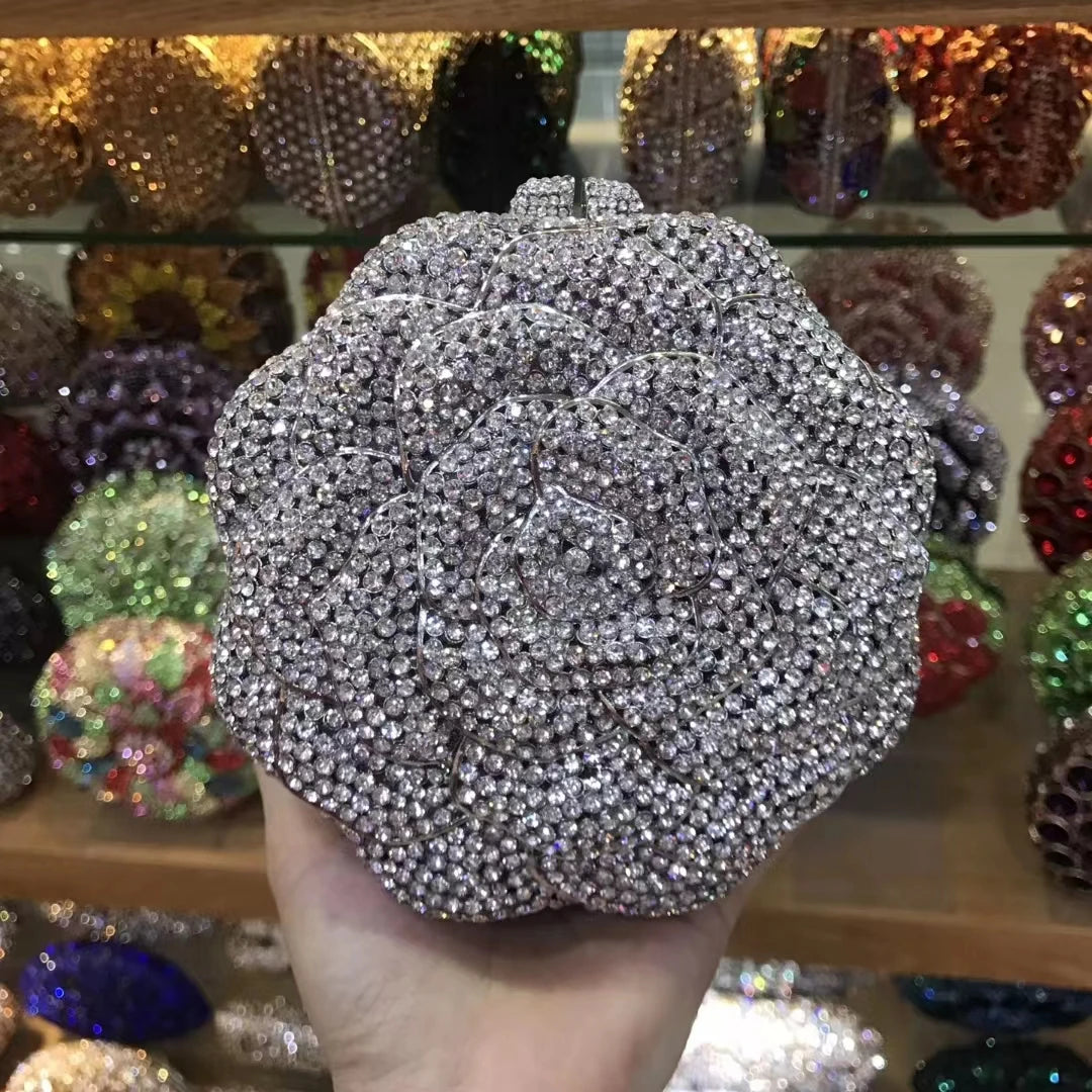 Blue Pink Red Silver Diamond Dinner Handbags Woman Flower Crystal Banquet Gala Evening Bags Wedding Party Floral Birthday Purses