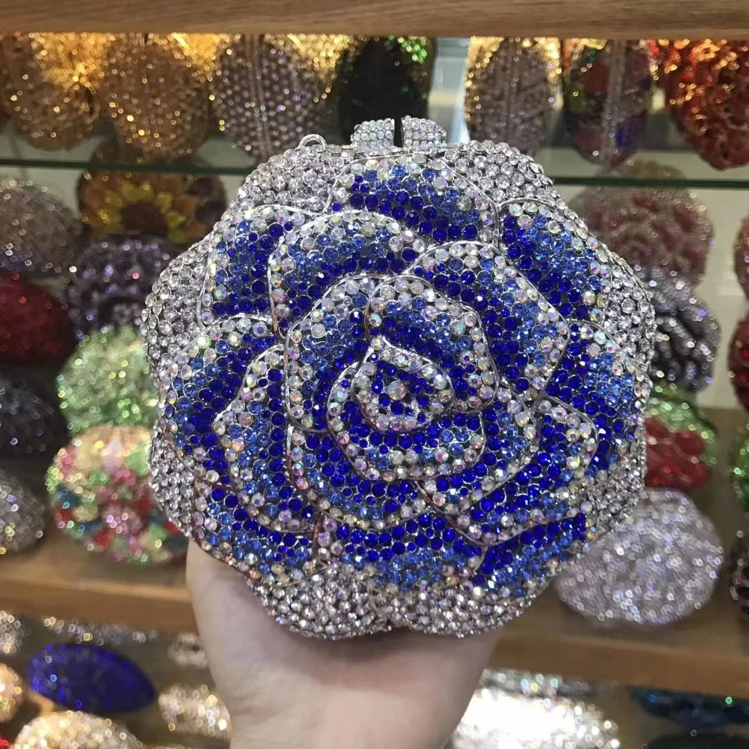 Blue Pink Red Silver Diamond Dinner Handbags Woman Flower Crystal Banquet Gala Evening Bags Wedding Party Floral Birthday Purses