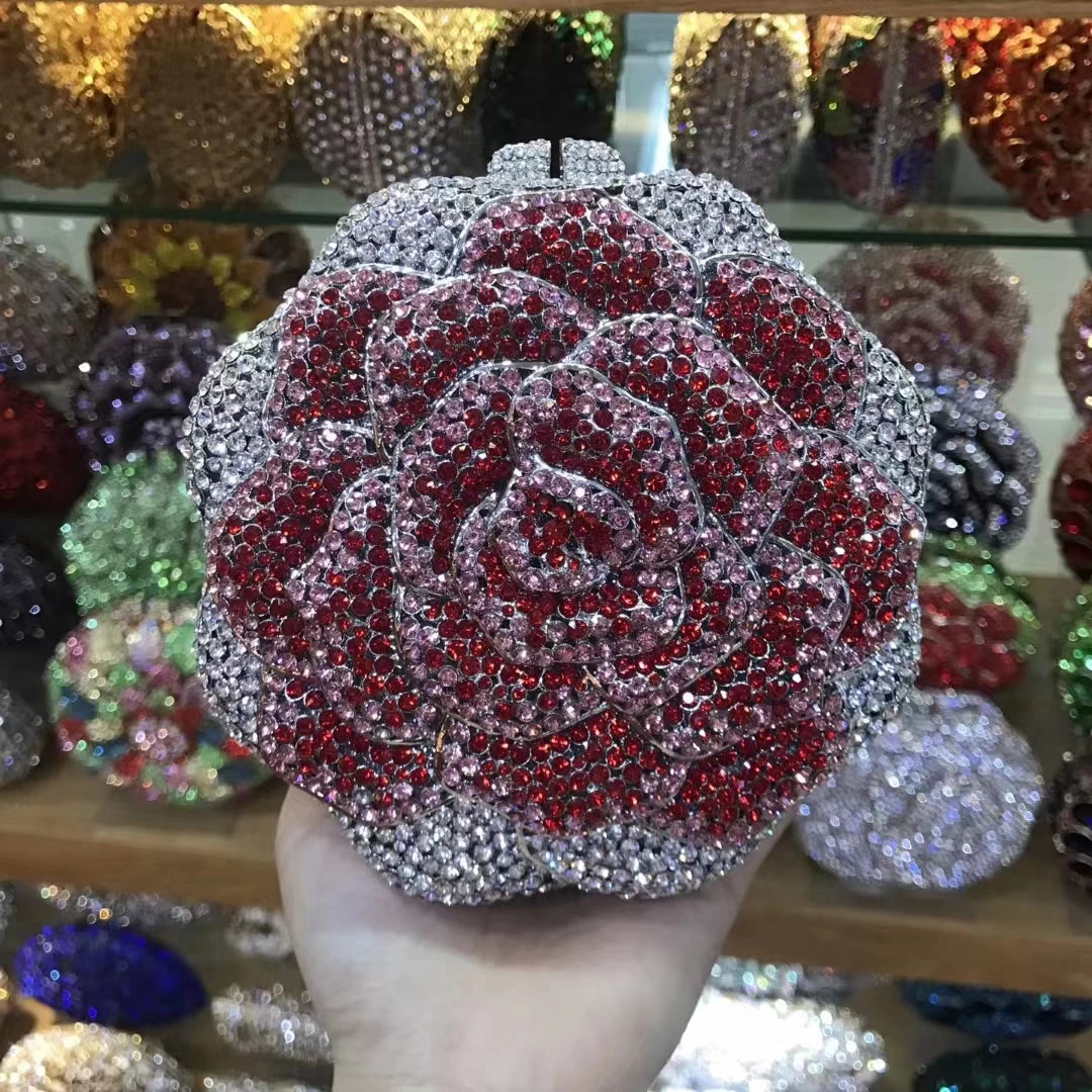 Blue Pink Red Silver Diamond Dinner Handbags Woman Flower Crystal Banquet Gala Evening Bags Wedding Party Floral Birthday Purses