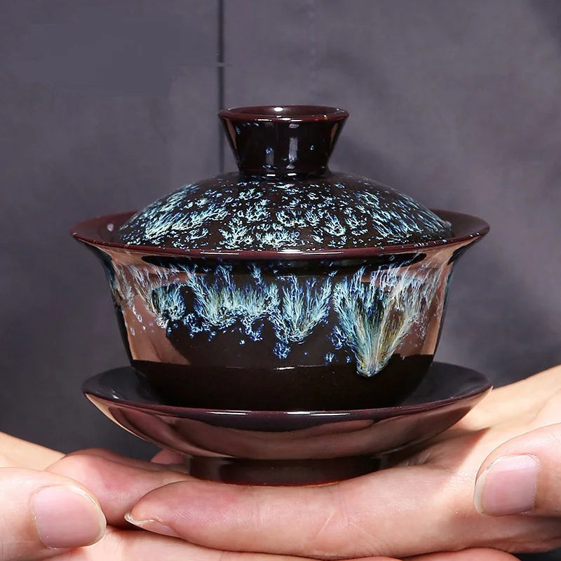 Blue Star Glaze Gai Wan Tea Set Cover Bowl Tea Cups Chinese Soup With Lid Bowl Lotus Hand Drawing Porcelain Gaiwan Bar