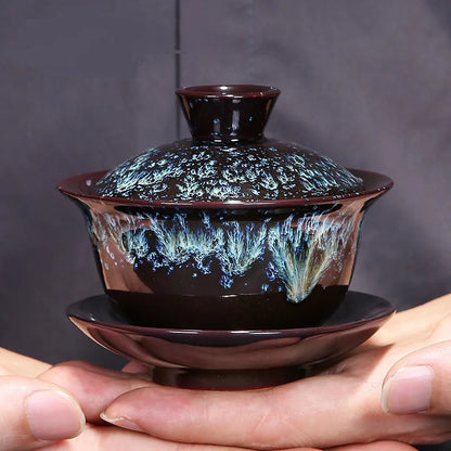 Blue Star Glaze Gai Wan Tea Set Cover Bowl Tea Cups Chinese Soup With Lid Bowl Lotus Hand Drawing Porcelain Gaiwan Bar