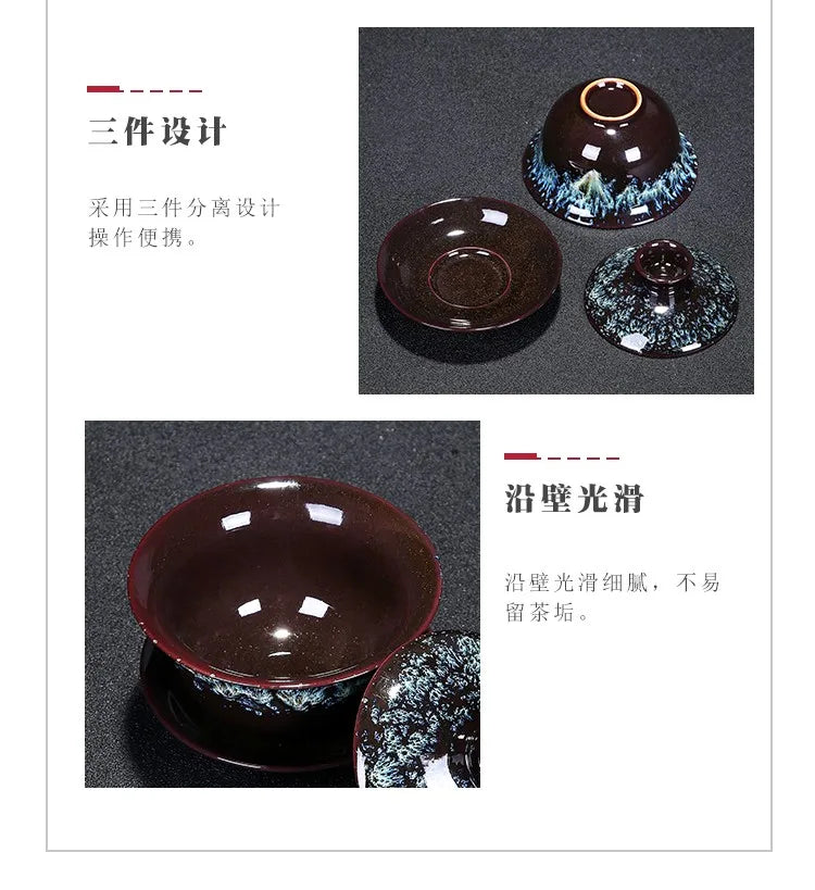 Blue Star Glaze Gai Wan Tea Set Cover Bowl Tea Cups Chinese Soup With Lid Bowl Lotus Hand Drawing Porcelain Gaiwan Bar