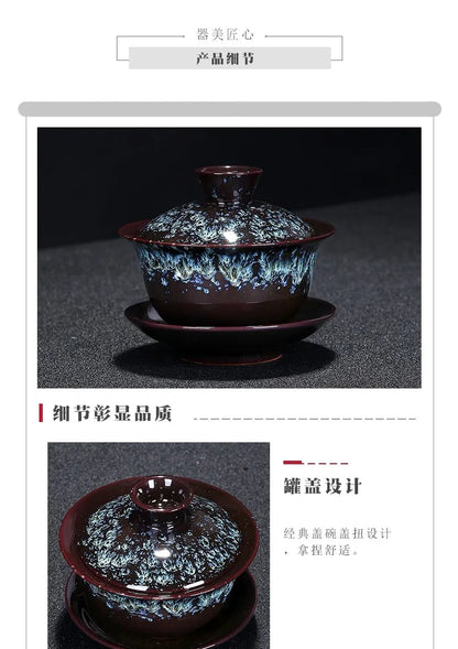 Blue Star Glaze Gai Wan Tea Set Cover Bowl Tea Cups Chinese Soup With Lid Bowl Lotus Hand Drawing Porcelain Gaiwan Bar