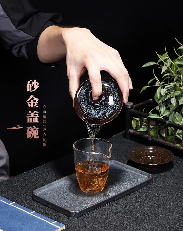 Blue Star Glaze Gai Wan Tea Set Cover Bowl Tea Cups Chinese Soup With Lid Bowl Lotus Hand Drawing Porcelain Gaiwan Bar