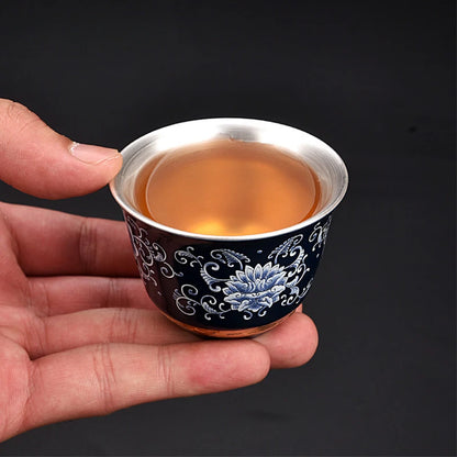 Blue and White Gilt Silver Teacup Handmade Ceramic Boutique Tea Cup Portable Single Cup Tea Bowl Household Teaware Accessories