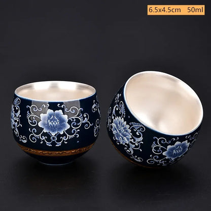 Blue and White Gilt Silver Teacup Handmade Ceramic Boutique Tea Cup Portable Single Cup Tea Bowl Household Teaware Accessories
