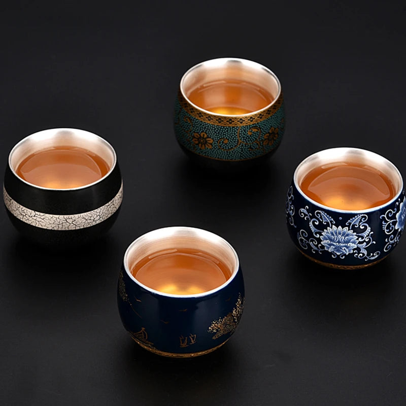 Blue and White Gilt Silver Teacup Handmade Ceramic Boutique Tea Cup Portable Single Cup Tea Bowl Household Teaware Accessories