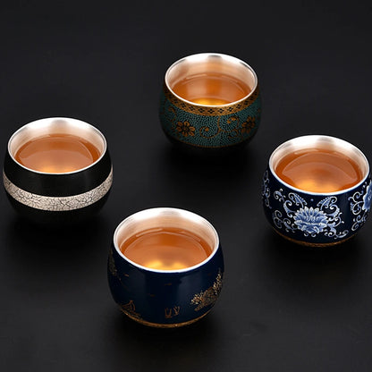 Blue and White Gilt Silver Teacup Handmade Ceramic Boutique Tea Cup Portable Single Cup Tea Bowl Household Teaware Accessories