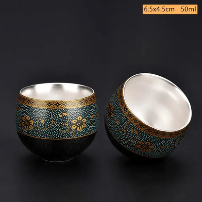 Blue and White Gilt Silver Teacup Handmade Ceramic Boutique Tea Cup Portable Single Cup Tea Bowl Household Teaware Accessories