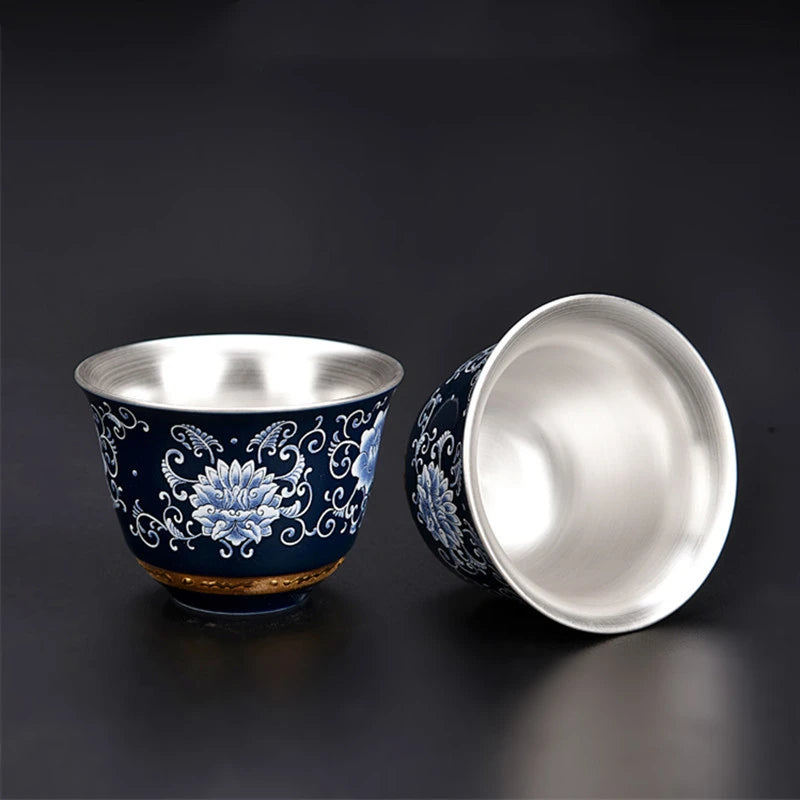 Blue and White Gilt Silver Teacup Handmade Ceramic Boutique Tea Cup Portable Single Cup Tea Bowl Household Teaware Accessories