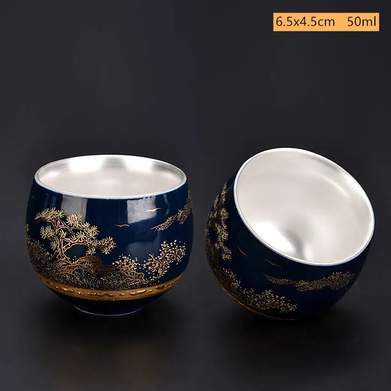 Blue and White Gilt Silver Teacup Handmade Ceramic Boutique Tea Cup Portable Single Cup Tea Bowl Household Teaware Accessories