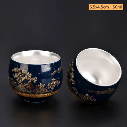 Blue and White Gilt Silver Teacup Handmade Ceramic Boutique Tea Cup Portable Single Cup Tea Bowl Household Teaware Accessories
