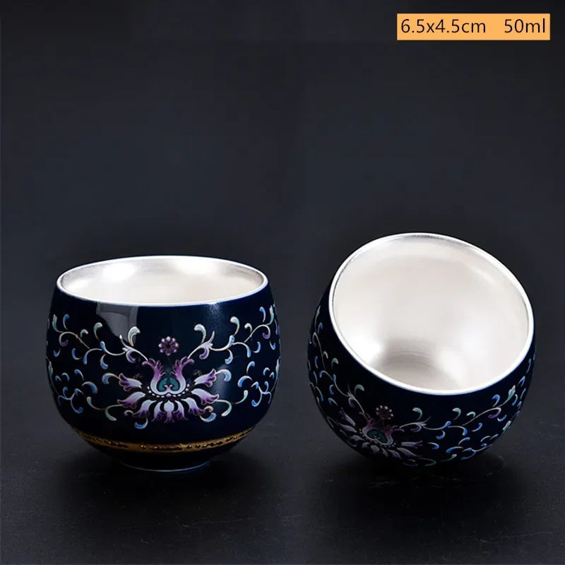 Blue and White Gilt Silver Teacup Handmade Ceramic Boutique Tea Cup Portable Single Cup Tea Bowl Household Teaware Accessories