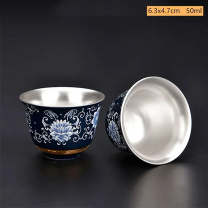 Blue and White Gilt Silver Teacup Handmade Ceramic Boutique Tea Cup Portable Single Cup Tea Bowl Household Teaware Accessories