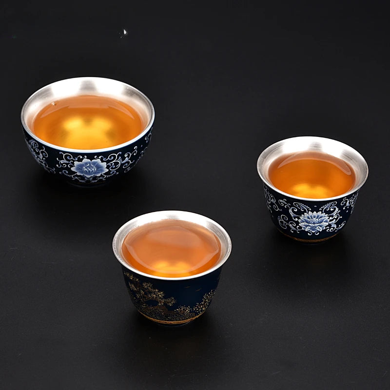 Blue and White Gilt Silver Teacup Handmade Ceramic Boutique Tea Cup Portable Single Cup Tea Bowl Household Teaware Accessories
