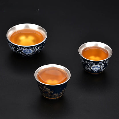 Blue and White Gilt Silver Teacup Handmade Ceramic Boutique Tea Cup Portable Single Cup Tea Bowl Household Teaware Accessories