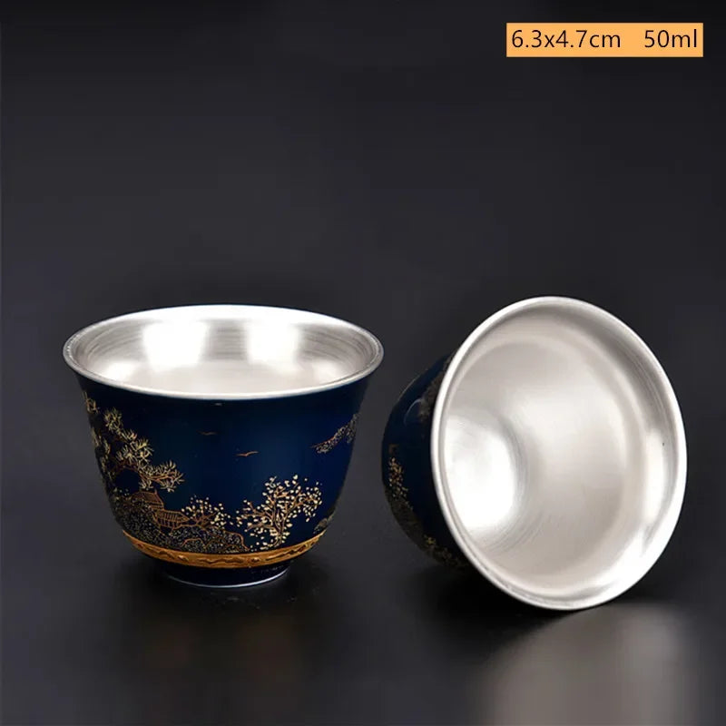 Blue and White Gilt Silver Teacup Handmade Ceramic Boutique Tea Cup Portable Single Cup Tea Bowl Household Teaware Accessories
