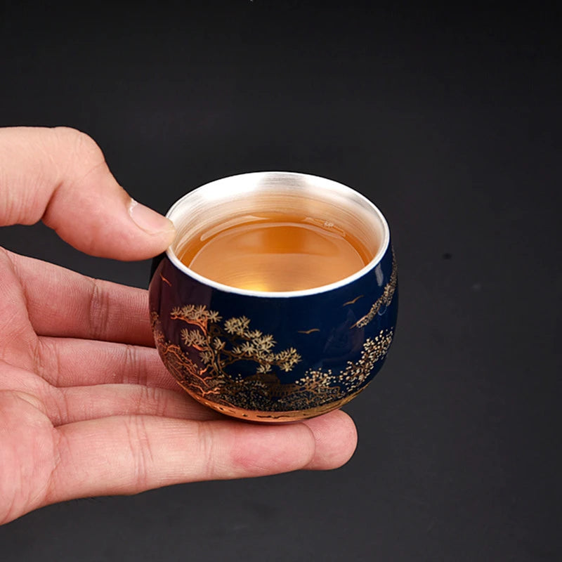 Blue and White Gilt Silver Teacup Handmade Ceramic Boutique Tea Cup Portable Single Cup Tea Bowl Household Teaware Accessories