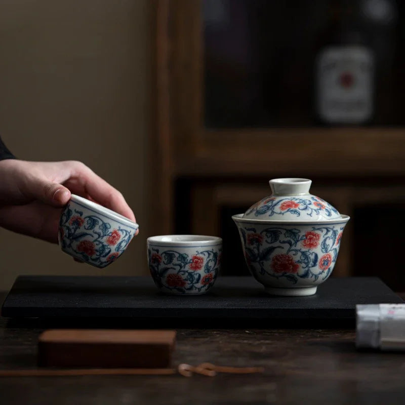 Blue and White Peony Tea Set Complete Set Zen Tea Ceremony Set Teapot and Tea Cup Bowl Set Drinkware Accessories Craft Gift Box