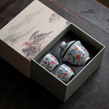 Blue and White Peony Tea Set Complete Set Zen Tea Ceremony Set Teapot and Tea Cup Bowl Set Drinkware Accessories Craft Gift Box