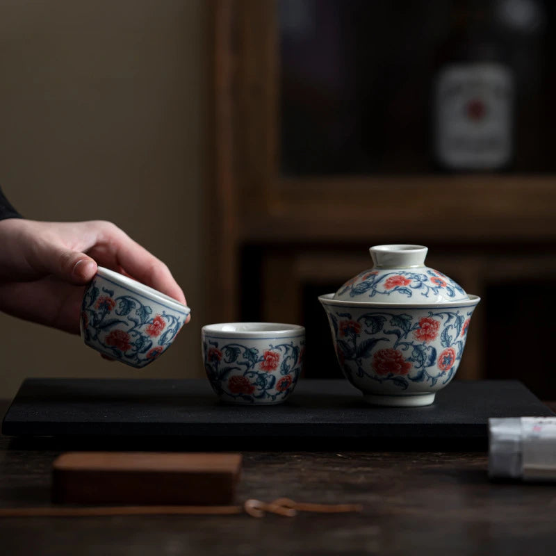 Blue and White Peony Tea Set Complete Set Zen Tea Ceremony Set Teapot and Tea Cup Bowl Set Drinkware Accessories Craft Gift Box