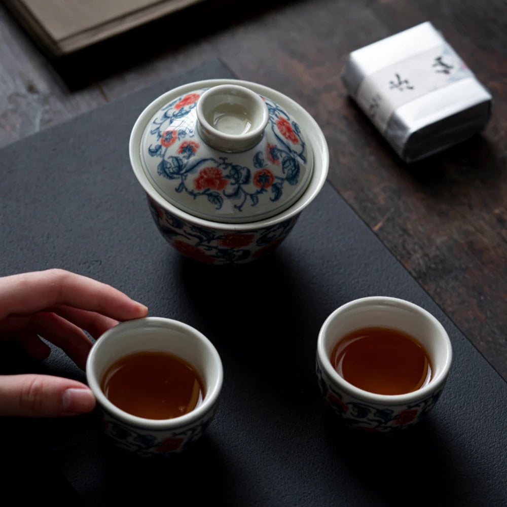 Blue and White Peony Tea Set Complete Set Zen Tea Ceremony Set Teapot and Tea Cup Bowl Set Drinkware Accessories Craft Gift Box