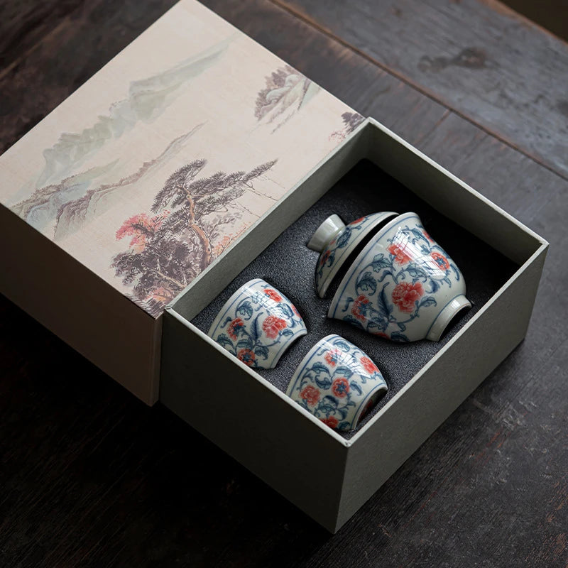 Blue and White Peony Tea Set Complete Set Zen Tea Ceremony Set Teapot and Tea Cup Bowl Set Drinkware Accessories Craft Gift Box