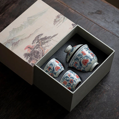 Blue and White Peony Tea Set Complete Set Zen Tea Ceremony Set Teapot and Tea Cup Bowl Set Drinkware Accessories Craft Gift Box