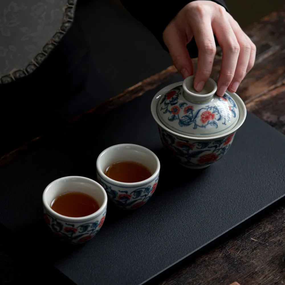 Blue and White Peony Tea Set Complete Set Zen Tea Ceremony Set Teapot and Tea Cup Bowl Set Drinkware Accessories Craft Gift Box