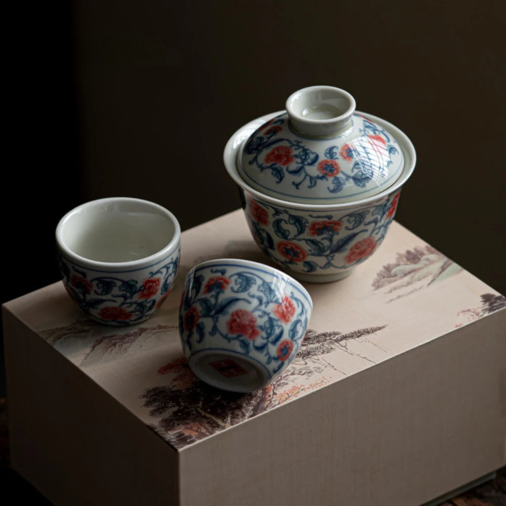 Blue and White Peony Tea Set Complete Set Zen Tea Ceremony Set Teapot and Tea Cup Bowl Set Drinkware Accessories Craft Gift Box