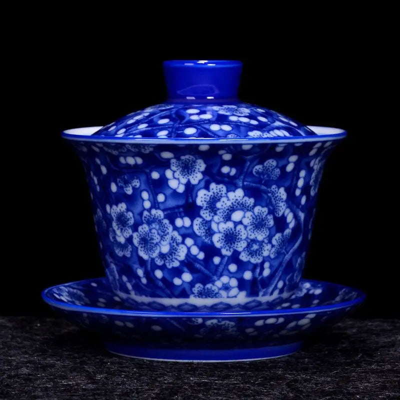 Blue and White Porcelain Gaiwan Ice Plum Tea Tureen Kung Fu Tea Maker Tea Set Teacup Ceramic Enamel Color Tea Bowl Tea Dispenser