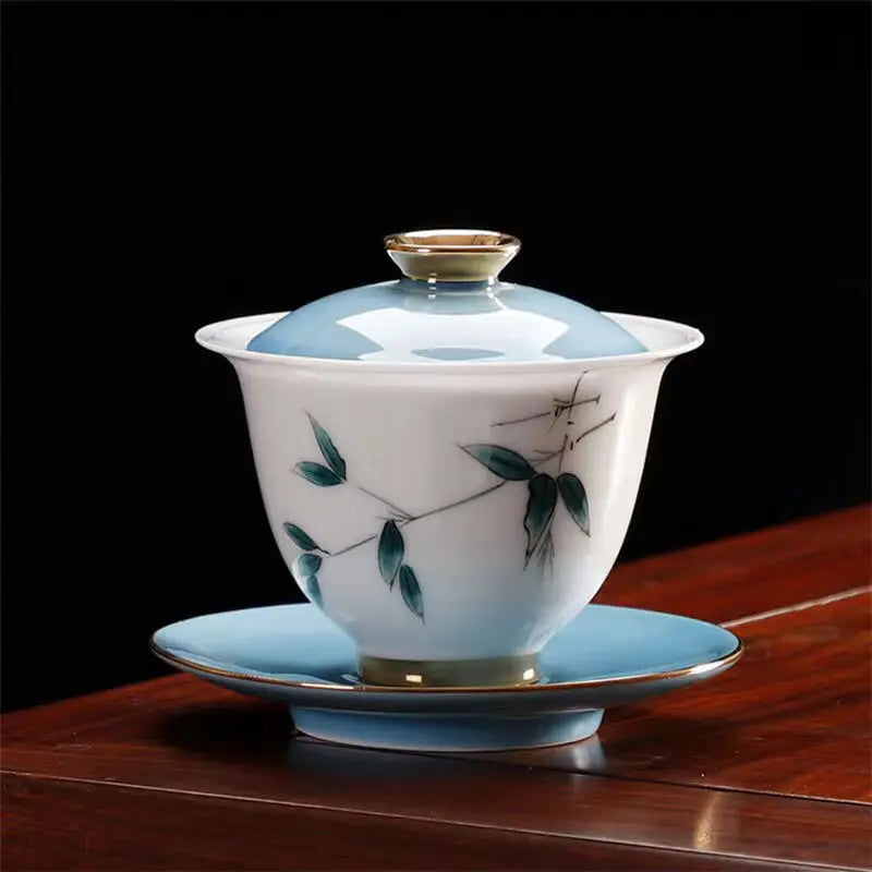 Blue and White Porcelain Gaiwan Ice Plum Tea Tureen Kung Fu Tea Maker Tea Set Teacup Ceramic Enamel Color Tea Bowl Tea Dispenser
