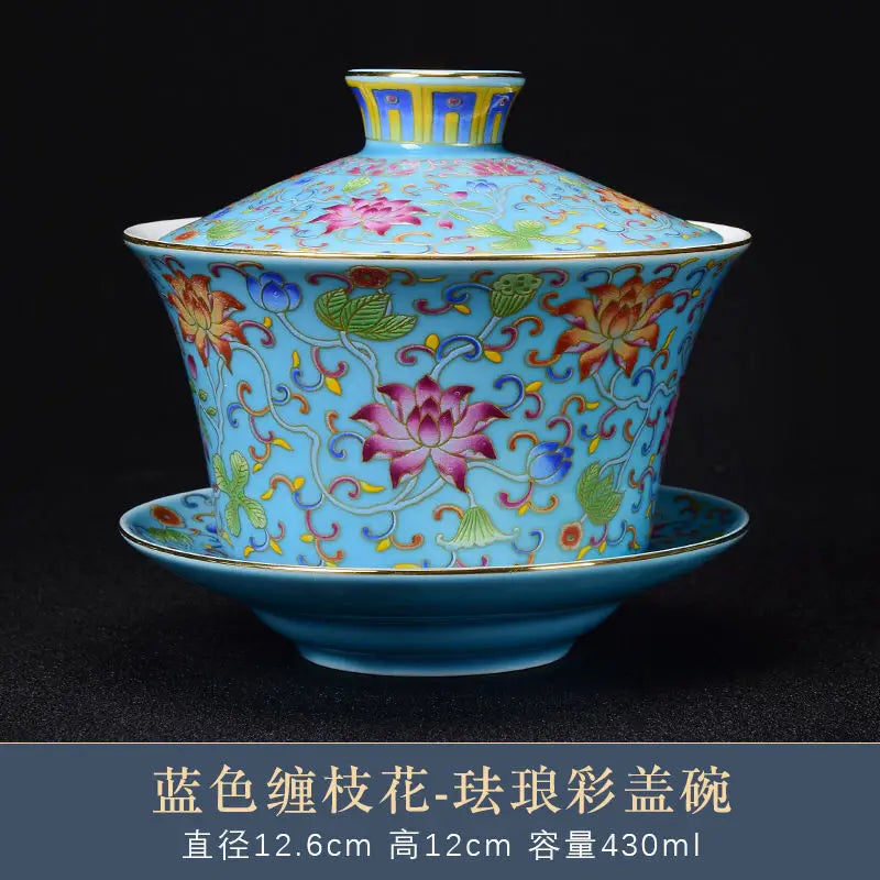 Blue and White Porcelain Gaiwan Ice Plum Tea Tureen Kung Fu Tea Maker Tea Set Teacup Ceramic Enamel Color Tea Bowl Tea Dispenser