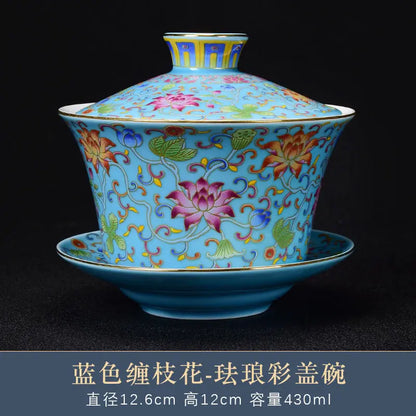 Blue and White Porcelain Gaiwan Ice Plum Tea Tureen Kung Fu Tea Maker Tea Set Teacup Ceramic Enamel Color Tea Bowl Tea Dispenser