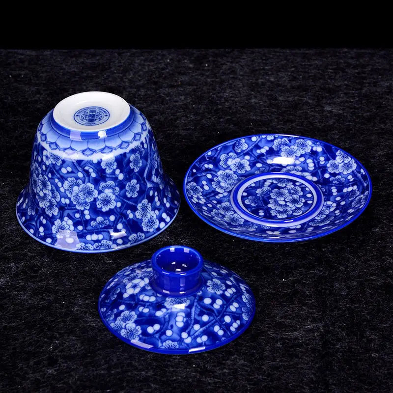Blue and White Porcelain Gaiwan Ice Plum Tea Tureen Kung Fu Tea Maker Tea Set Teacup Ceramic Enamel Color Tea Bowl Tea Dispenser