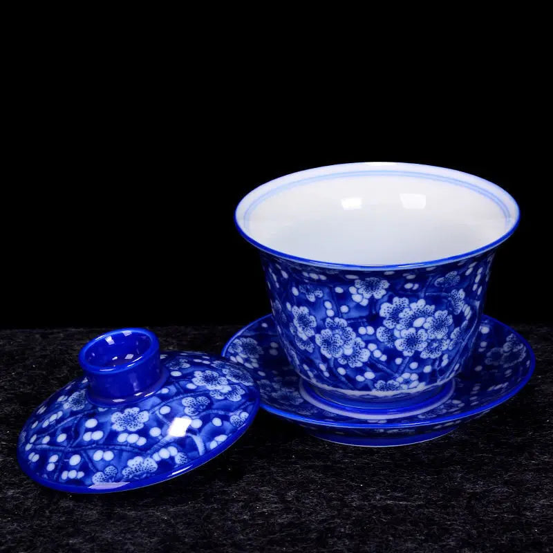 Blue and White Porcelain Gaiwan Ice Plum Tea Tureen Kung Fu Tea Maker Tea Set Teacup Ceramic Enamel Color Tea Bowl Tea Dispenser