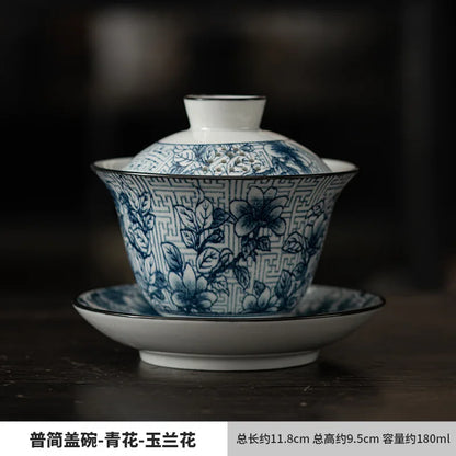 Blue and White Porcelain Gaiwan Vintage Tea Cup Chinese Tea Set Household Ceramic Gaiwan Teacup Large Tea Bowl Kung Fu Tea Set