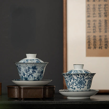 Blue and White Porcelain Gaiwan Vintage Tea Cup Chinese Tea Set Household Ceramic Gaiwan Teacup Large Tea Bowl Kung Fu Tea Set