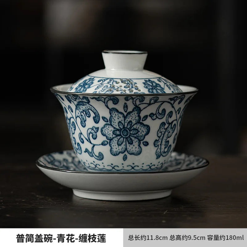 Blue and White Porcelain Gaiwan Vintage Tea Cup Chinese Tea Set Household Ceramic Gaiwan Teacup Large Tea Bowl Kung Fu Tea Set