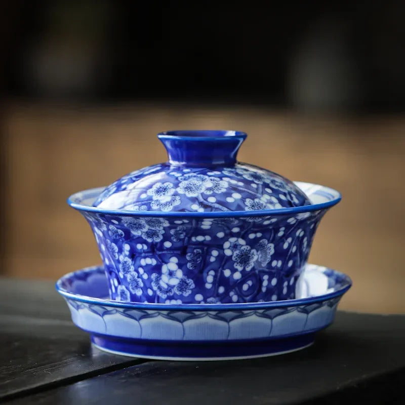 Blue and White Porcelain Set, Gaiwan, Tea Tureen, Ceramic Cup Set, Chinese Tea, Full Color, Prunus Mume, 3 Pcs