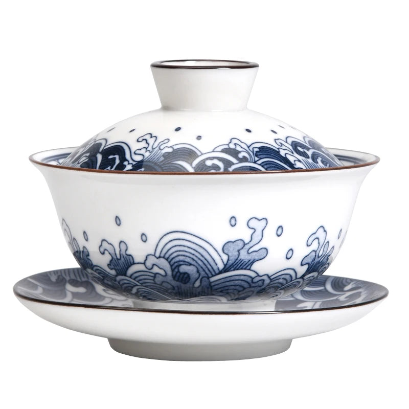 Blue and White Porcelain Tea Cup Jingdezhen Ceramics Chinese Tea Set Gaiwan Elegant Retro Teaware Teacups Chawan with Lid Tureen