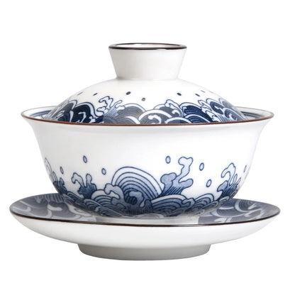 Blue and White Porcelain Tea Cup Jingdezhen Ceramics Chinese Tea Set Gaiwan Elegant Retro Teaware Teacups Chawan with Lid Tureen