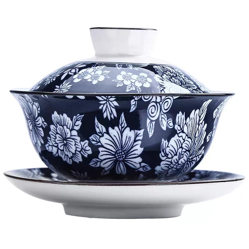 Blue and White Porcelain Tea Cup Jingdezhen Ceramics Chinese Tea Set Gaiwan Elegant Retro Teaware Teacups Chawan with Lid Tureen