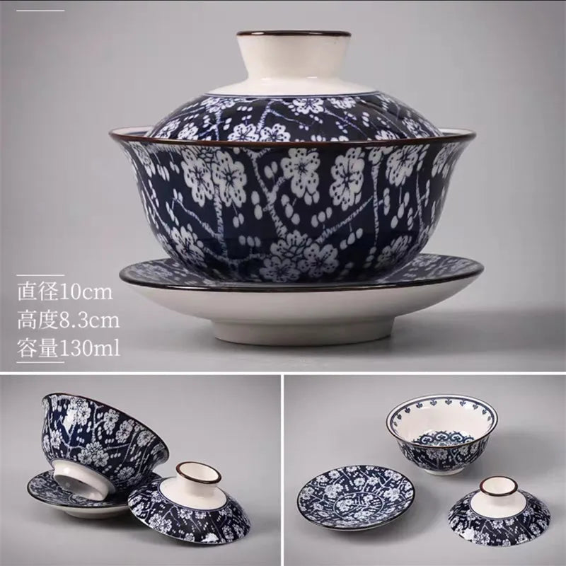 Blue and White Porcelain Tea Cup Jingdezhen Ceramics Chinese Tea Set Gaiwan Elegant Retro Teaware Teacups Chawan with Lid Tureen