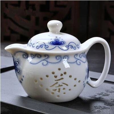 Blue and White Porcelain Teapot, Household Handhold Teapot, Filter Handmade, Exquisite Hollow Tea Set, Kungfu Ceramics