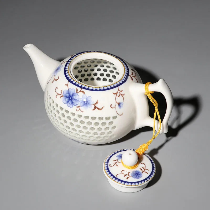Blue and White Porcelain Teapot, Household Handhold Teapot, Filter Handmade, Exquisite Hollow Tea Set, Kungfu Ceramics