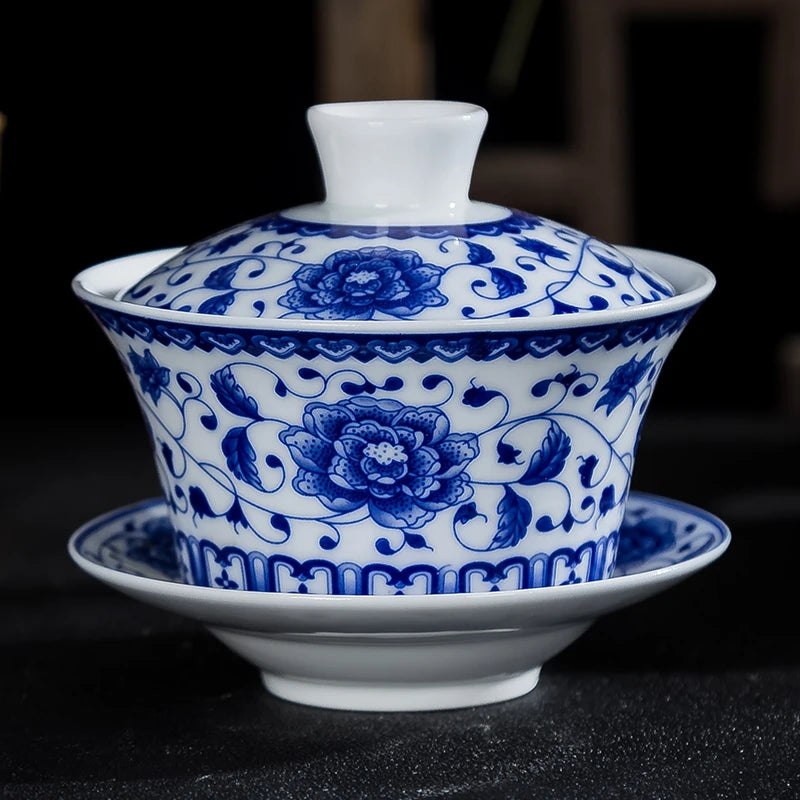 Blue and White Single Tea Bowl, Extra Large, Sancai Tea Bowl, Kungfu Tea Set, Home Ceramic Gaiwan, 300ml