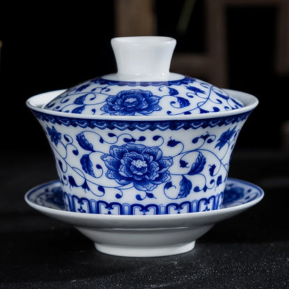 Blue and White Single Tea Bowl, Extra Large, Sancai Tea Bowl, Kungfu Tea Set, Home Ceramic Gaiwan, 300ml