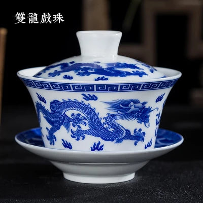 Blue and White Single Tea Bowl, Extra Large, Sancai Tea Bowl, Kungfu Tea Set, Home Ceramic Gaiwan, 300ml